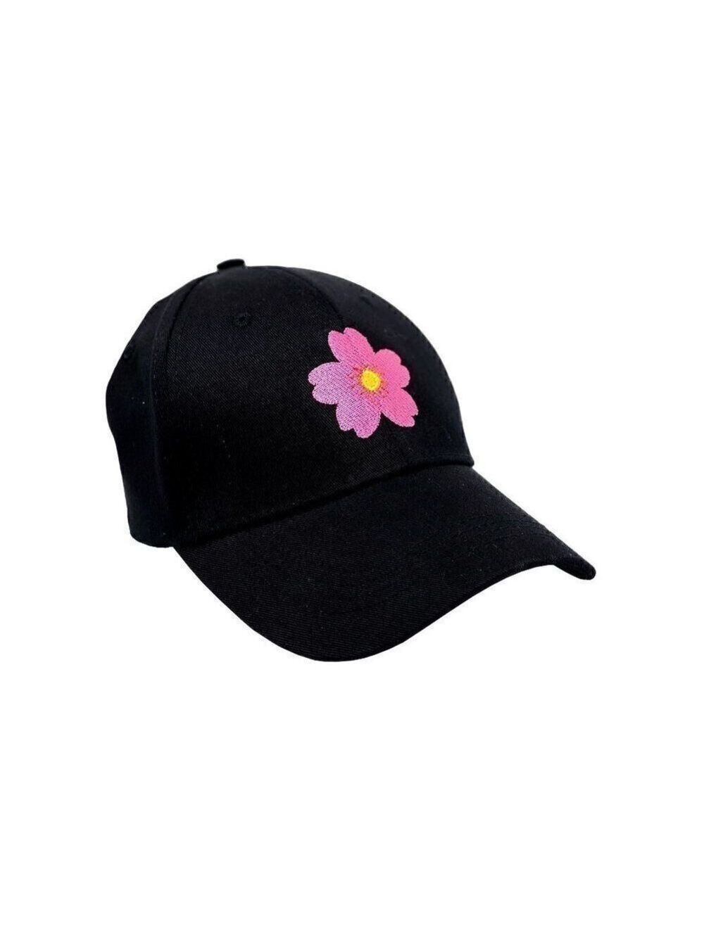 Black baseball cap with hot pink embroidered flower